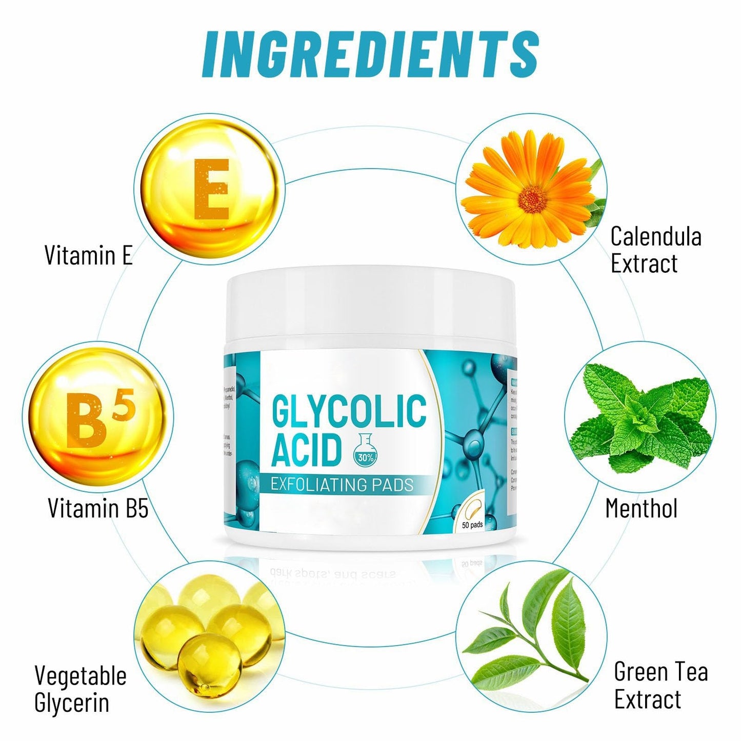 ARCHIDATE 30% Glycolic Acid Pads, Glycolic Acid Exfoliating Pad With Natural Extracts for Exfoliating Care, Rough Texture, Enlarged-Looking Pores, Oily-Looking Shine & Fine Line Appearance, 50 Pads
