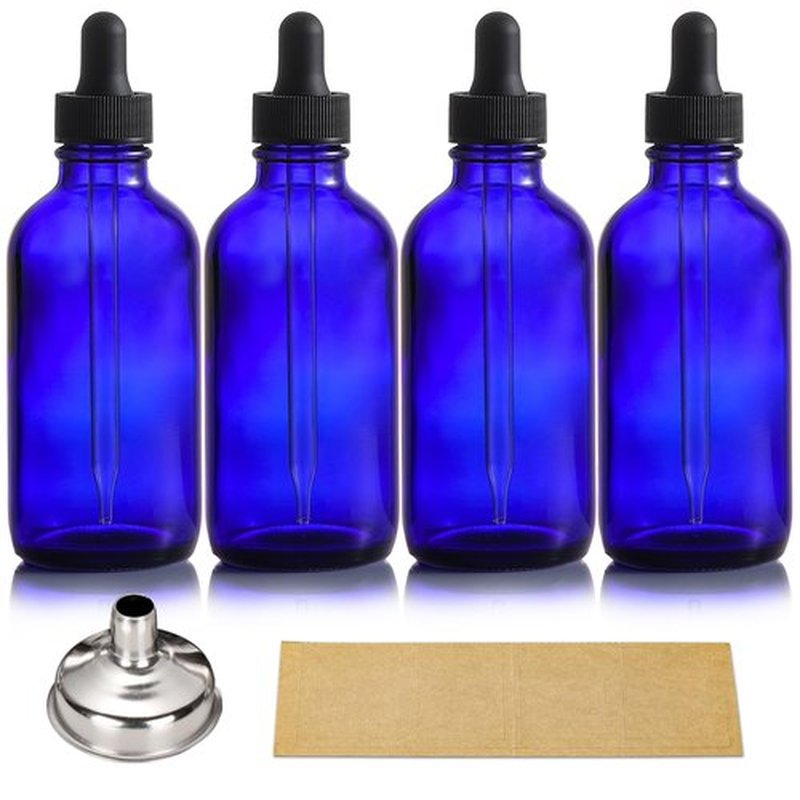 AOZITA 4 Pack, 4oz Blue Glass Dropper Bottles with 1 Funnel & 4 Lables - 120ml Dark BlueTincture Bottles with Eye Droppers - Leakproof Essential Oils Bottles for Health, Personal Care & Beauty