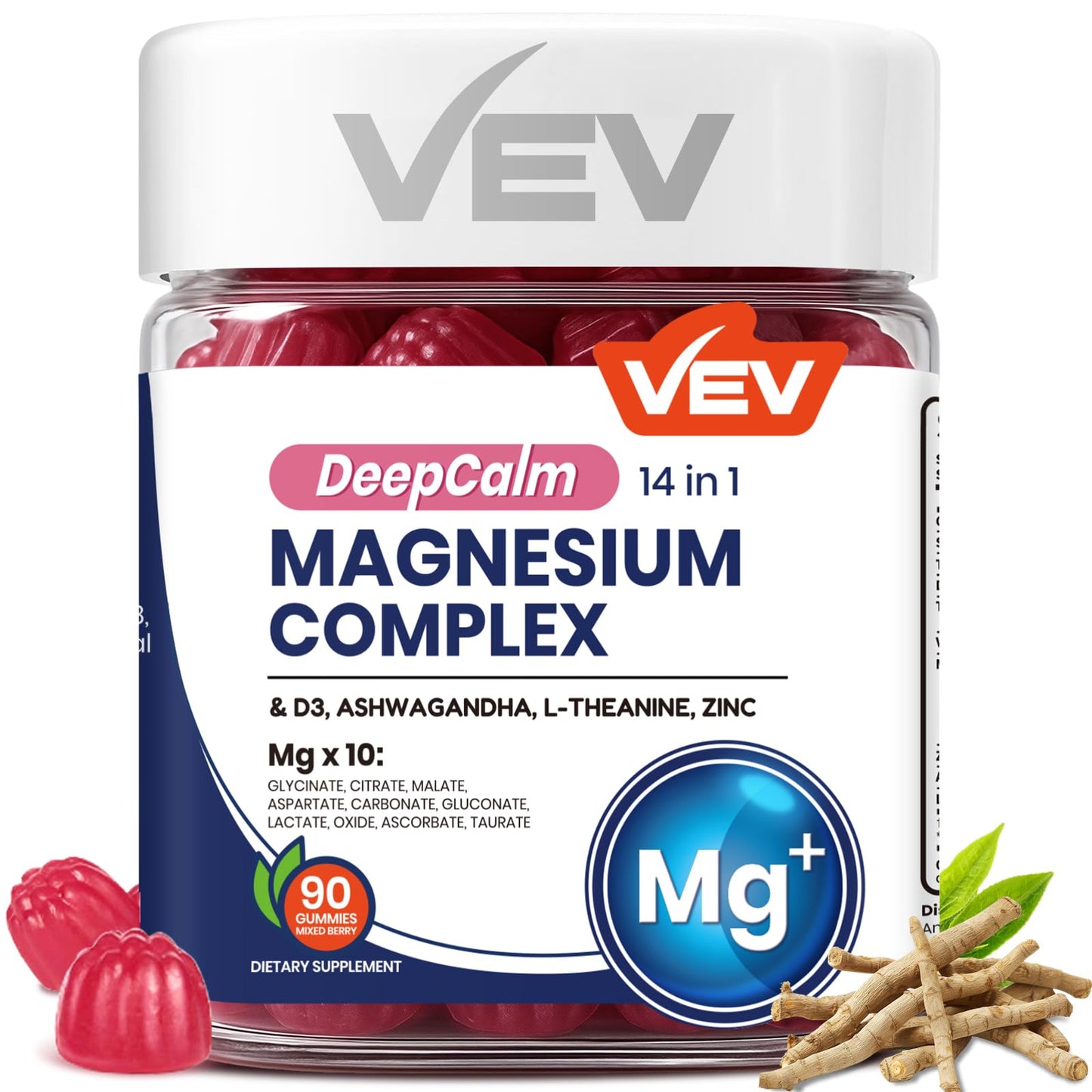 VEV Deep Calm Magnesium Complex 14-in-1 Gummies – 90 Count (Pack of 1) – with D3, Ashwagandha, L-theanine, Zinc – No Added Sugar Vegan Glycinate Gummies – Magnesium Complex for Women and Men
