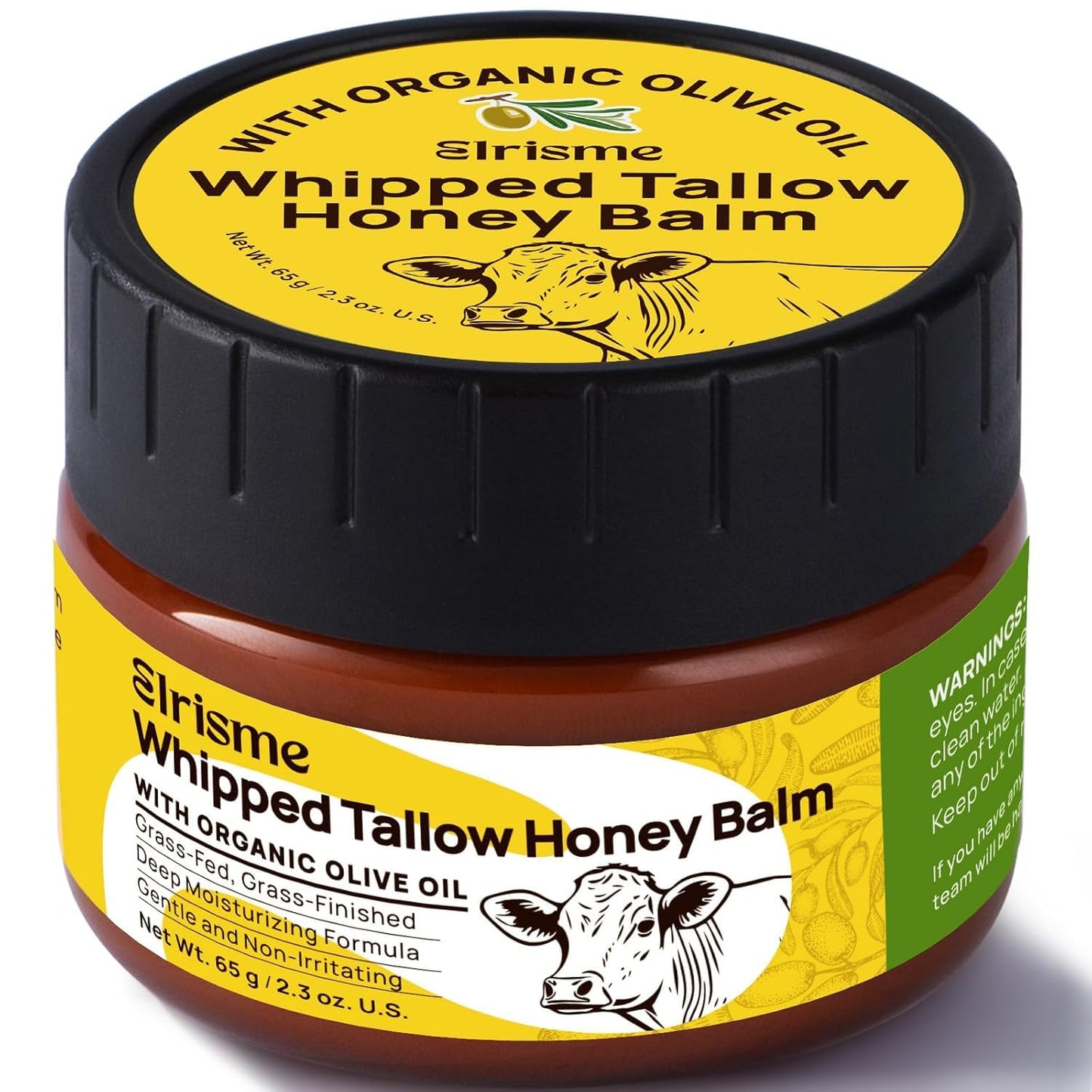 Elrisme Grass-Fed Beef Tallow for Skin: Organic Whipped Tallow and Honey Balm - Face Moisturizer & Body Cream - 2.3 Oz