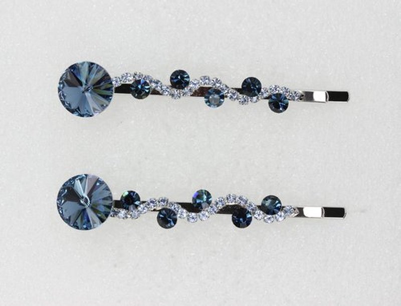 Faship A Pair Of Navy Blue Premium Rhinestone Crystal Floral Hair Clips 2 Pcs Pins - Navy Blue