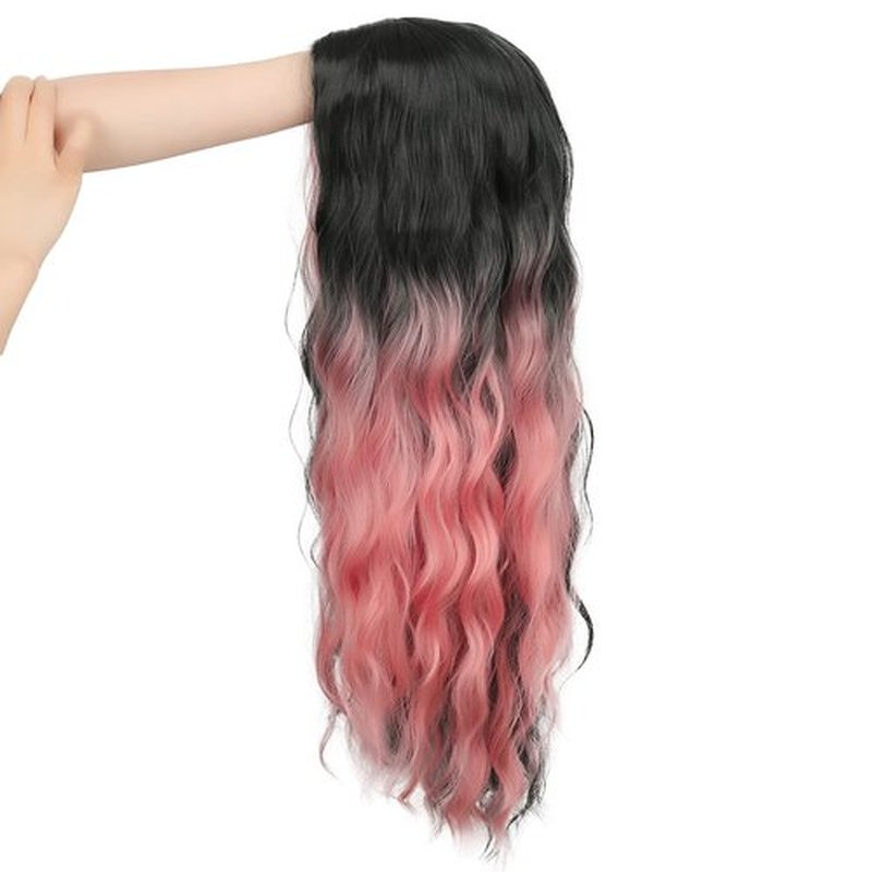Swiking Half Pink Half Black Wigs for Women Long Curly Wave Synthetic Hair Heat Resistant Natural Full Wig for Daily Party Cosplay Halloween