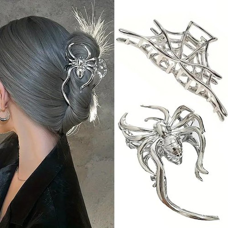 2Pcs Halloween Hair Claw Clips Spider and Spider Web Hair Clips Metal Alloy Hair Jaw Clips Medium Size Silver Hair Accessories Fashion Funny Halloween Hair Clip for Women Cosplay Party Hair Supplies