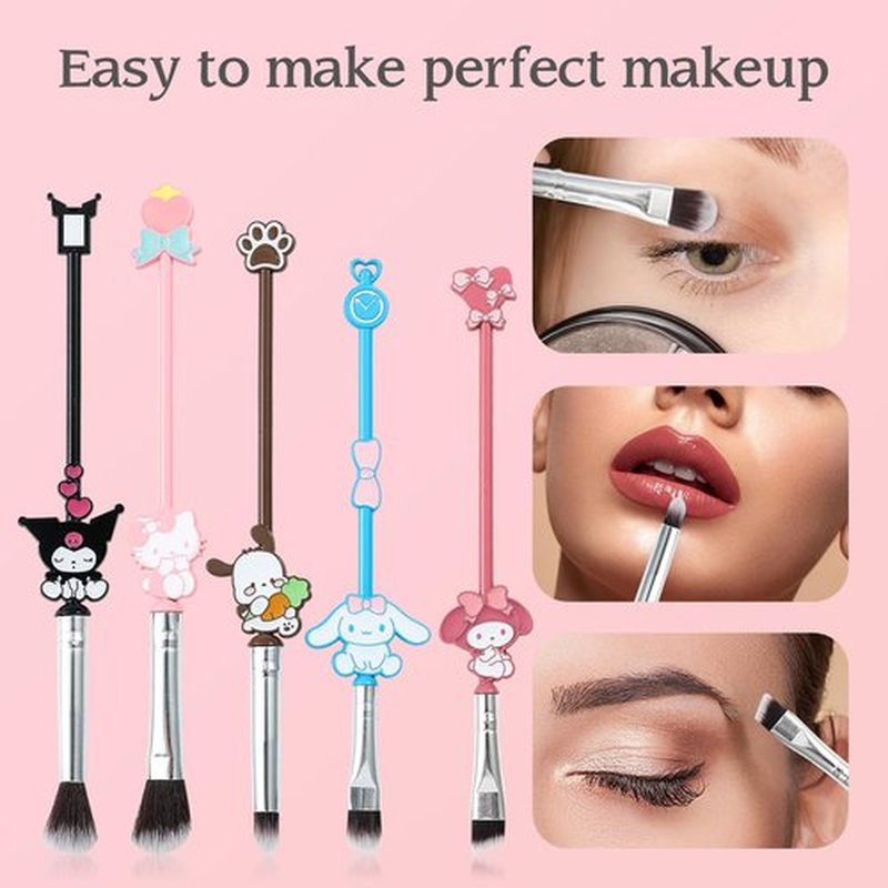 5PCS Cartoon Makeup Brushes Set with Storage Bag, Popular Anime Cosmetic Brushes for Girl Women
