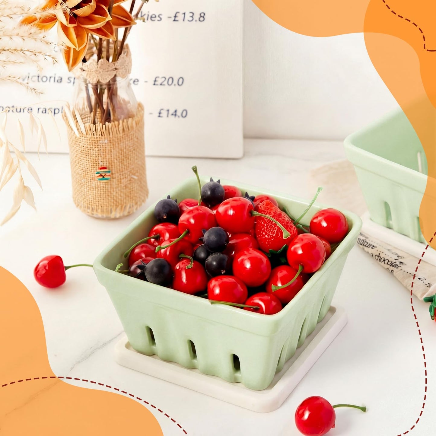 LemonRoad 3 Pcs Ceramic Berry Basket, 5.7" Square Fruit Bowl Colander Container with 1 Coaster 1 Sandpaper for Strawberry Grape Farmhouse Kitchen Decor, Summer BBQ Party Supplies(Light Green)