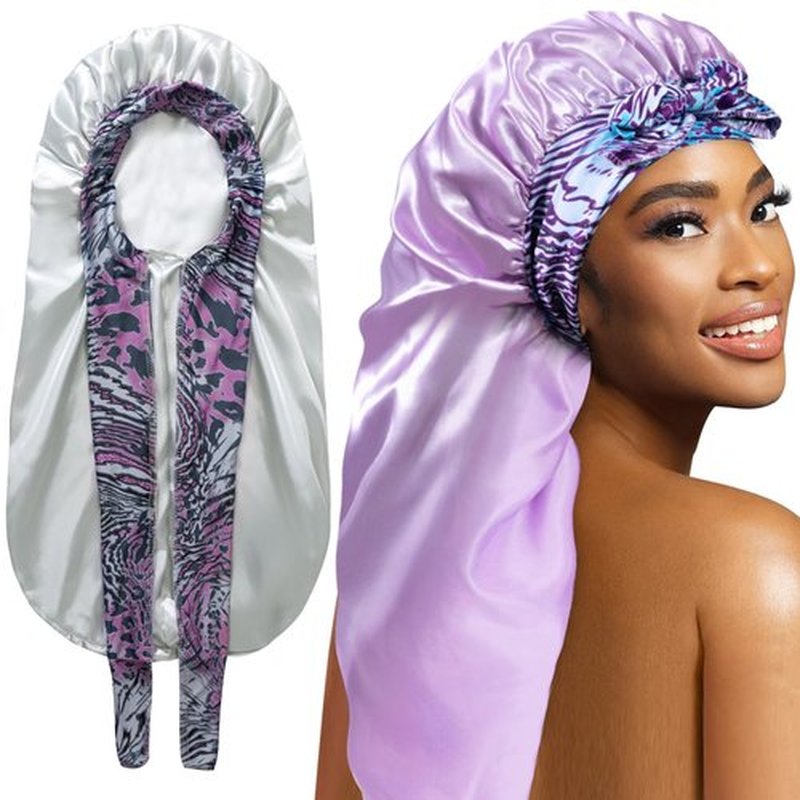2Pack Bonnets for Black Women Braid Bonnet, Large Long Bonnet Satin Bonnet for Braids,Black Women Silk Bonnet with Stretchy Tie Band Braid Bonnet for Sleeping Extra Long (Green&Light Purple Pattern)
