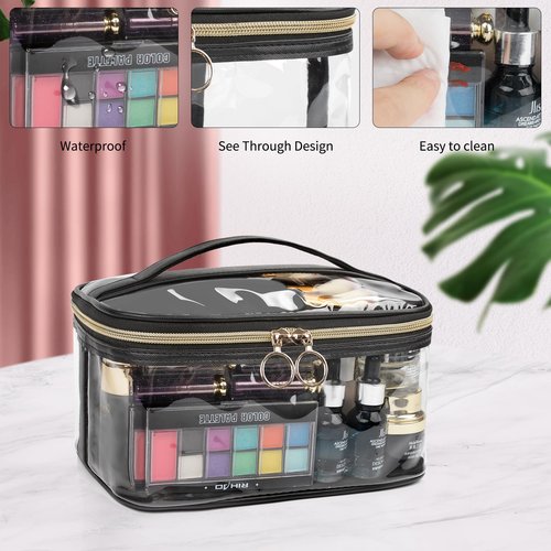 OCHEAL Makeup Bag, Clear Makeup Organizer Bag Portable Cosmetic Bag, Cute Transparent Makeup Case For Women and Girls traveling Storage with zipper Divider Brush Compartment-Black
