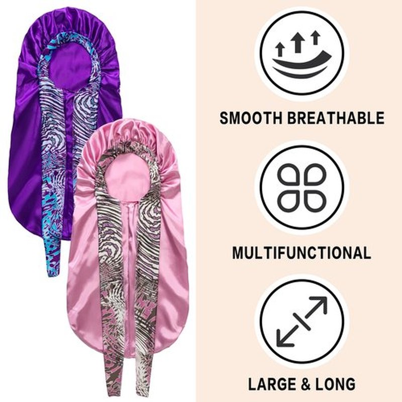 2Pack Bonnets for Black Women Braid Bonnet, Large Long Bonnet Satin Bonnet for Braids,Black Women Silk Bonnet with Stretchy Tie Band Braid Bonnet for Sleeping Extra Long (Purple&Pink Pattern)