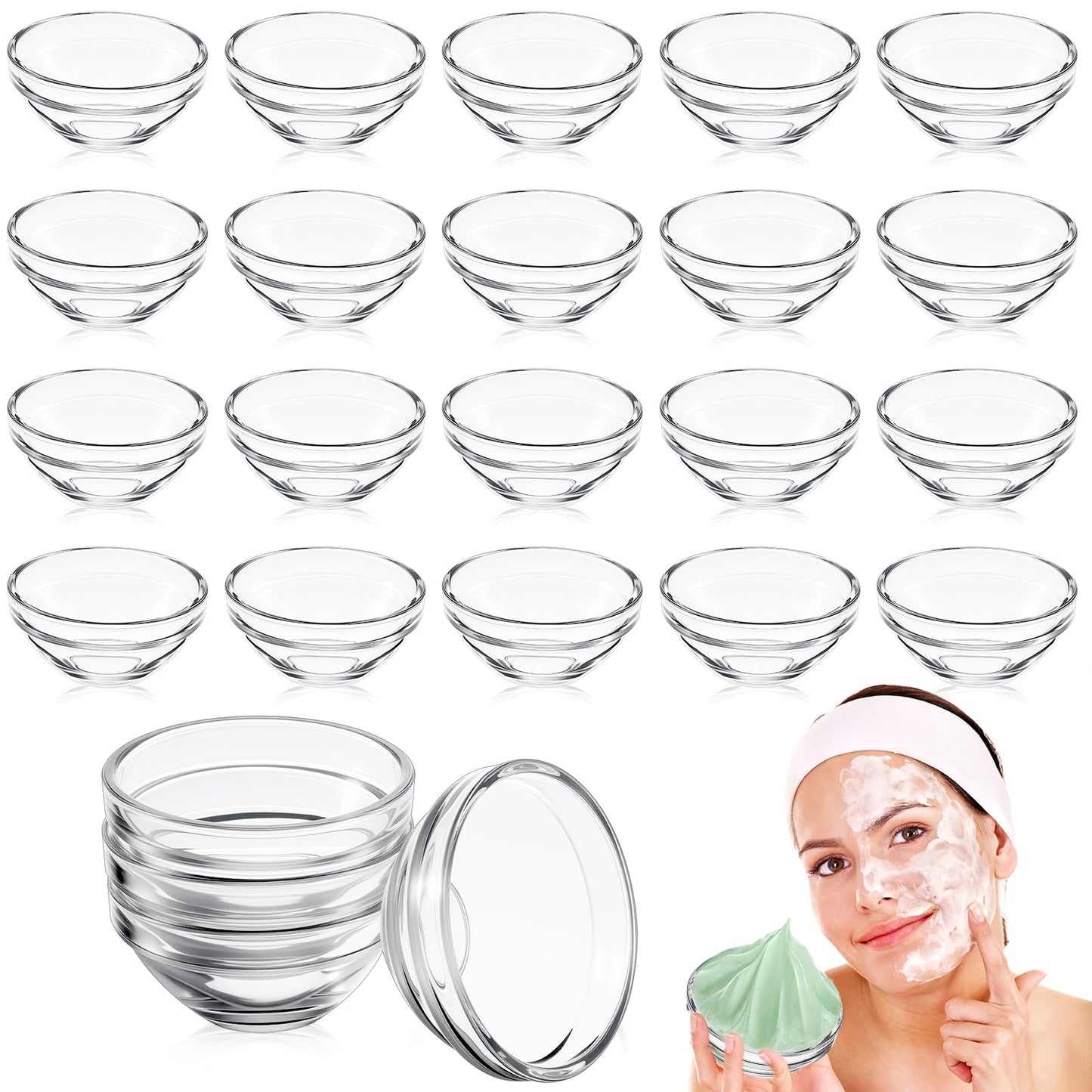 Teenyyou 20 Pcs Facial Bowls Esthetician Small Glass Facial, 3 Inch Clear Prep Measuring Bowl, DIY Face Mask, Mud Mask & Skincare Products for Home and Salon Use Face Care Supplies