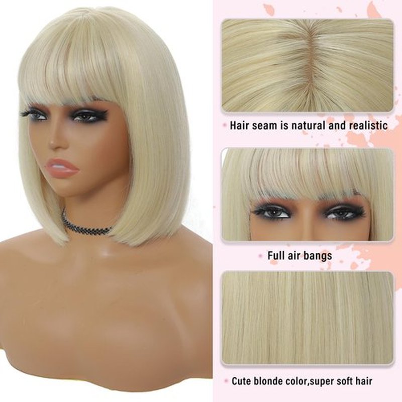BEAUTIFA Blonde Wig with Bangs for Women 12 Inch Short Straight Blonde Wigs Short Bob Wig Heat Resistant Synthetic Colorful Wig