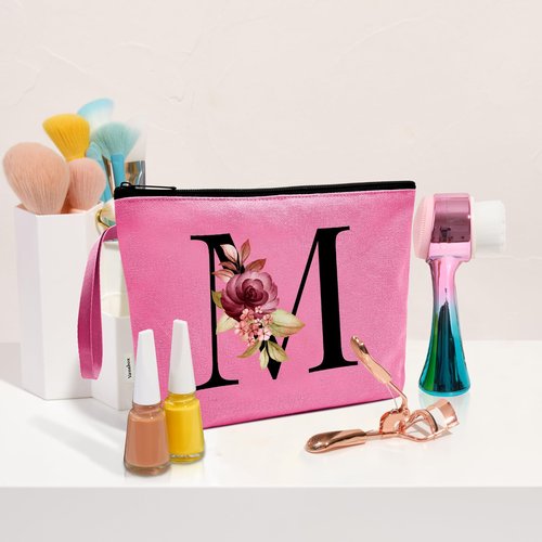 Vavabox A-Z Personalized Makeup Bag,Birthday Gifts for Women Mom,Gifts for Best Friend,Bride Bridesmaid Cosmetic bag (M, Peach)