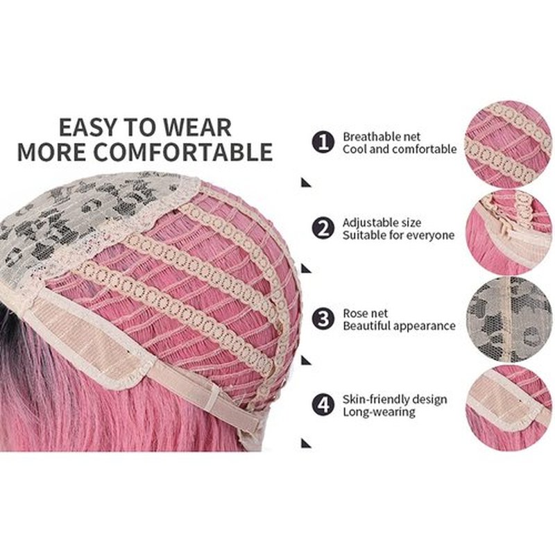 BERON 14 Inches Black Pink Ombre Wig Short Curly Wig with Bangs Pink Wig Synthetic Wigs Women Girls Ombre Wig with Wig Cap