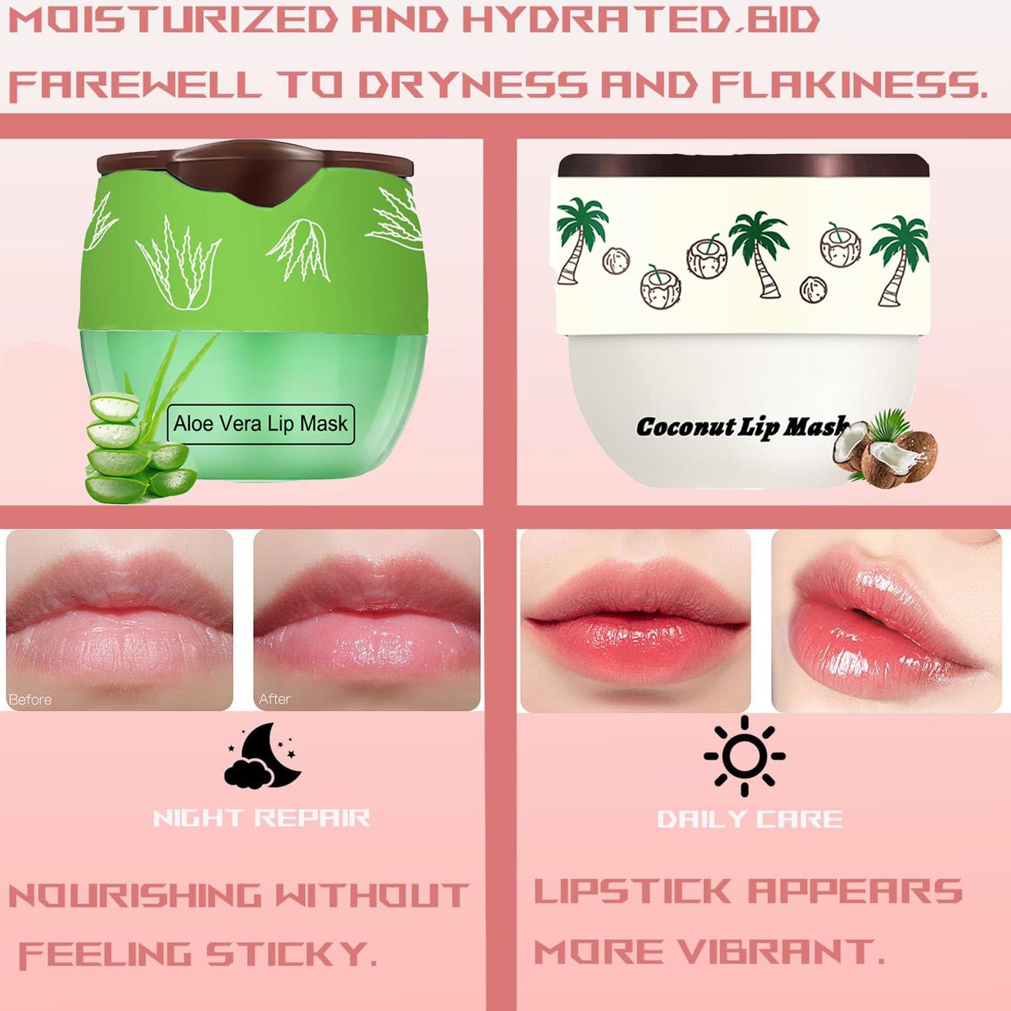 TIRDET 4 PCS Bee Lip Balm Honey Pot, Honey Coconut Aloe Vera Grape Sleeping Lip Mask Overnight with Sticks, Exfoliating Prevention Dry and Crack Lip Scrubs