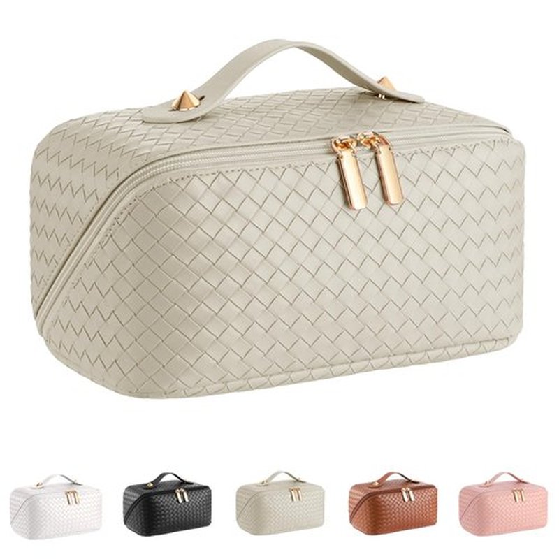 ALEXTINA Large Capacity Travel Cosmetic Bag - PU Leather Makeup Organizer Bag Portable Woven Makeup Bags for Women Waterproof Travel Toiletry Bag with Divider Pouch, Khaki