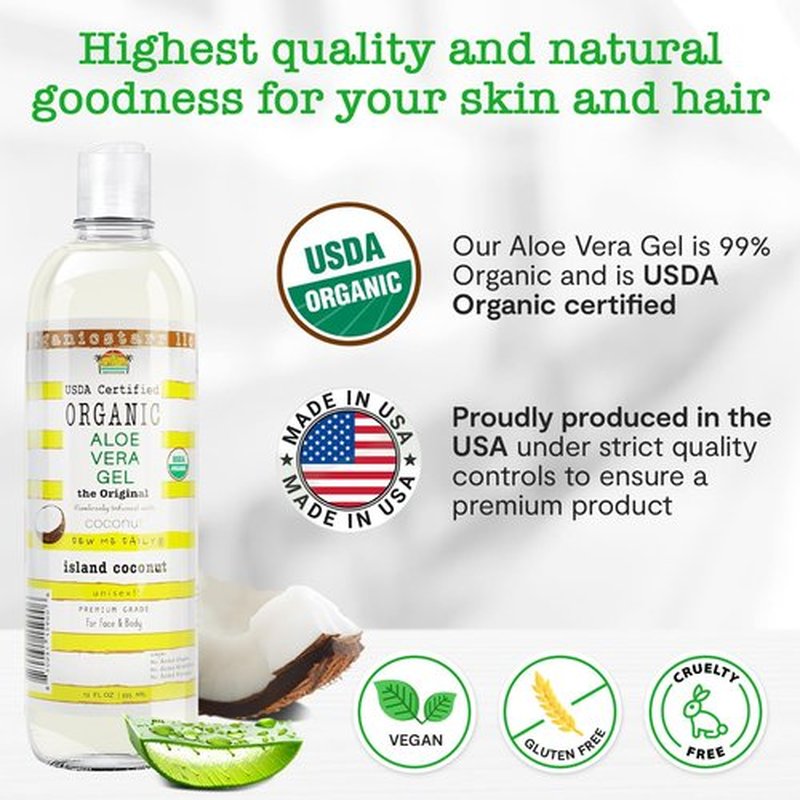 DEW ME DAILY USDA Certified Organic Aloe Vera Gel 12 oz - 100% Pure, Cold Pressed, Hand Harvested, Infused with Natural Coconut Extract, Chemical-Free - Skin & Hair Care, Made in USA