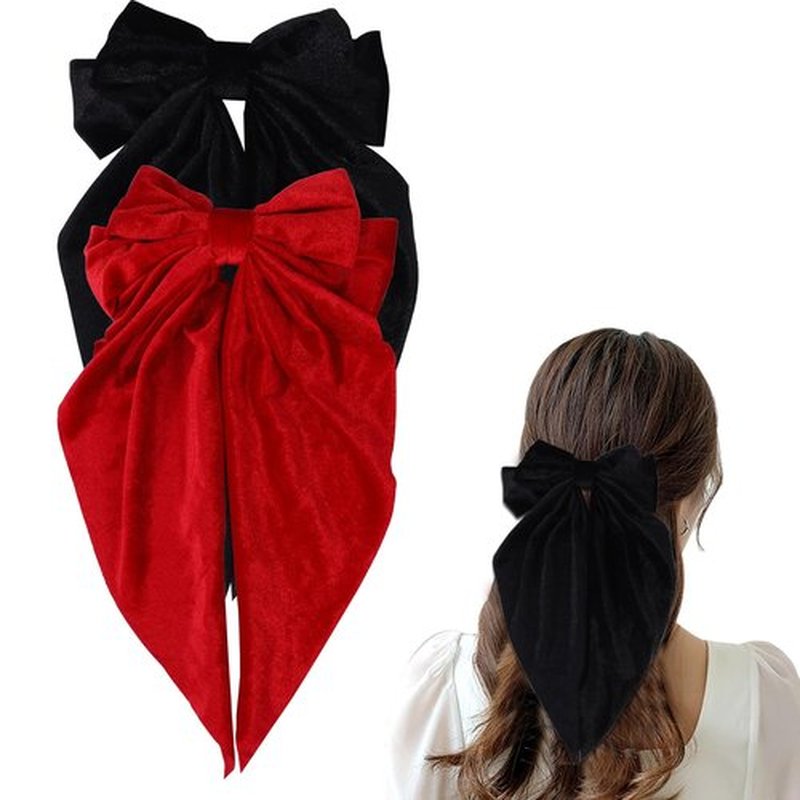 Oversized Velvet Hair Bows for Women Girls,Long Tail Handmade Bowknot Barrettes Velvet Bows Hair Accessories (Red & Black)