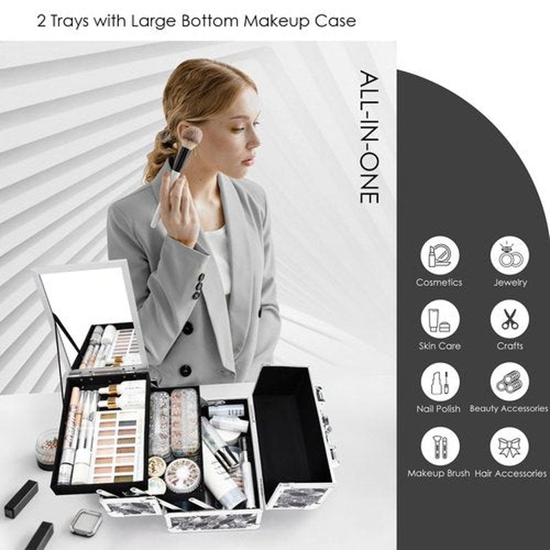 Joligrace Makeup Train Case Portable Makeup Organizer Case 2 Trays Makeup Box with Mirror Locking for Makeup Artist Nail Supplies Sewing Craft Case Modern Style