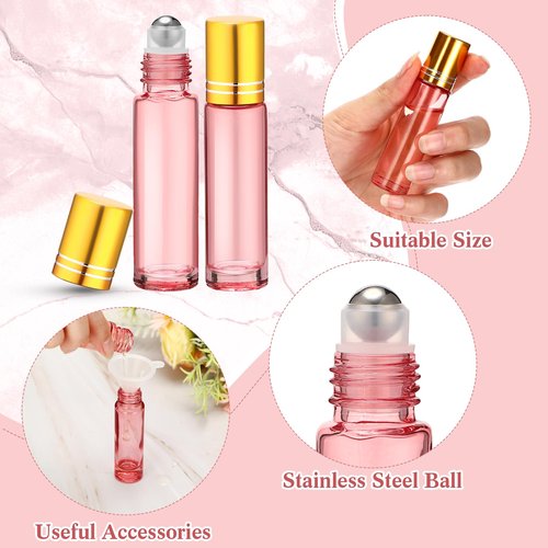 Sumind 150 Pcs Essential Oil Roller Bottles 10 ml Glass Roller Bottles with Stainless Steel Roller Balls Empty Bottles Leak Proof Roll on Bottles with 5 Funnel for Travel Essential Oil (Pink)