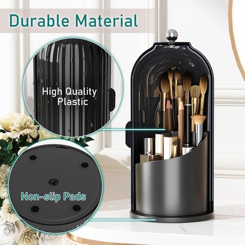 GAXmi Makeup Brush Holder with Lid Cosmetic Tools Organizer 360 Rotating Waterproof Dustproof Makeup Brushes Storage for Vanity, Dark Black