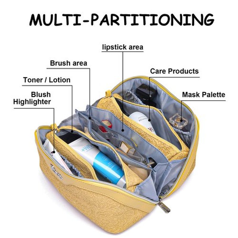 Travel Makeup Bags Cosmetic Organizer Bag: 3-Set Large Capacity Make up Bag - PU Leather Toiletry Bag for Women - Wide Open Portable Pouch with Divider & Handle (06-Yellow)