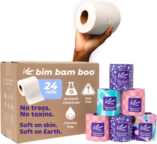 Bamboo Organic Toilet Paper - 100% Chemical-Free, Soft & Sustainable | 24 Eco-Friendly Rolls, 2 Ply, 295 Sheets