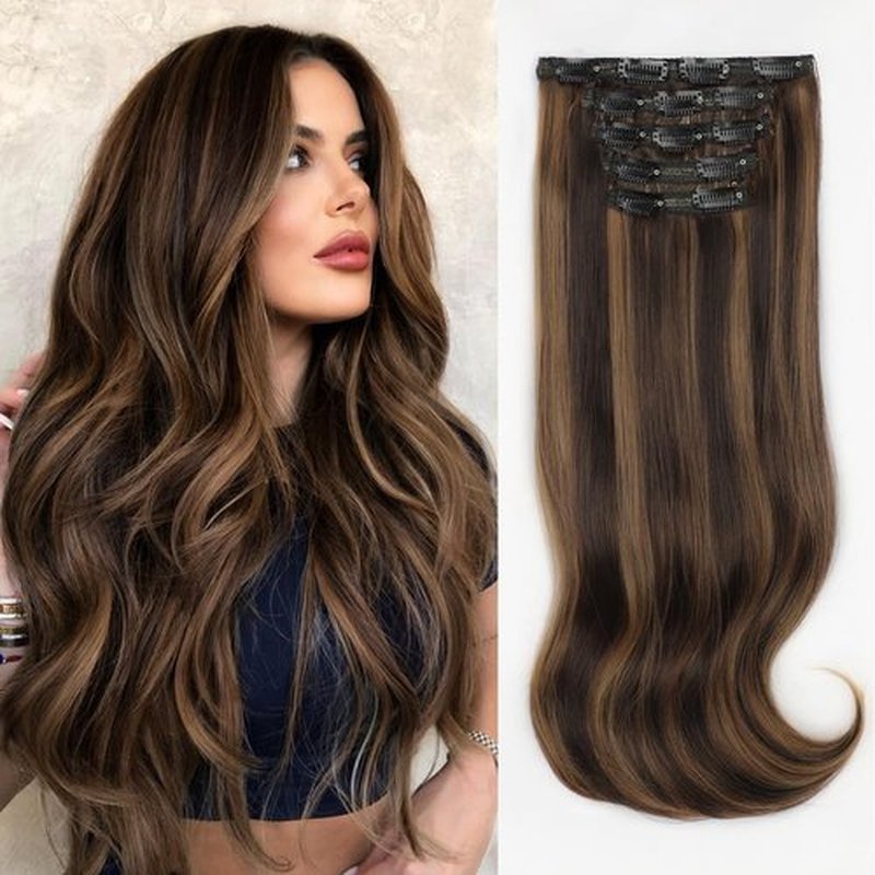 ALXNAN Clip in Hair Extensions, Hair Extensions Thick Long Stright Layered Hair Extensions Medium Brown Mix Caramel Brown 20 Inch Soft Lace Weft Hair Extensions for Women
