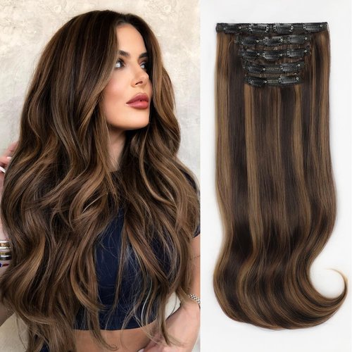 ALXNAN Clip in Hair Extensions, Hair Extensions Thick Long Stright Layered Hair Extensions Medium Brown Mix Caramel Brown 20 Inch Soft Lace Weft Hair Extensions for Women