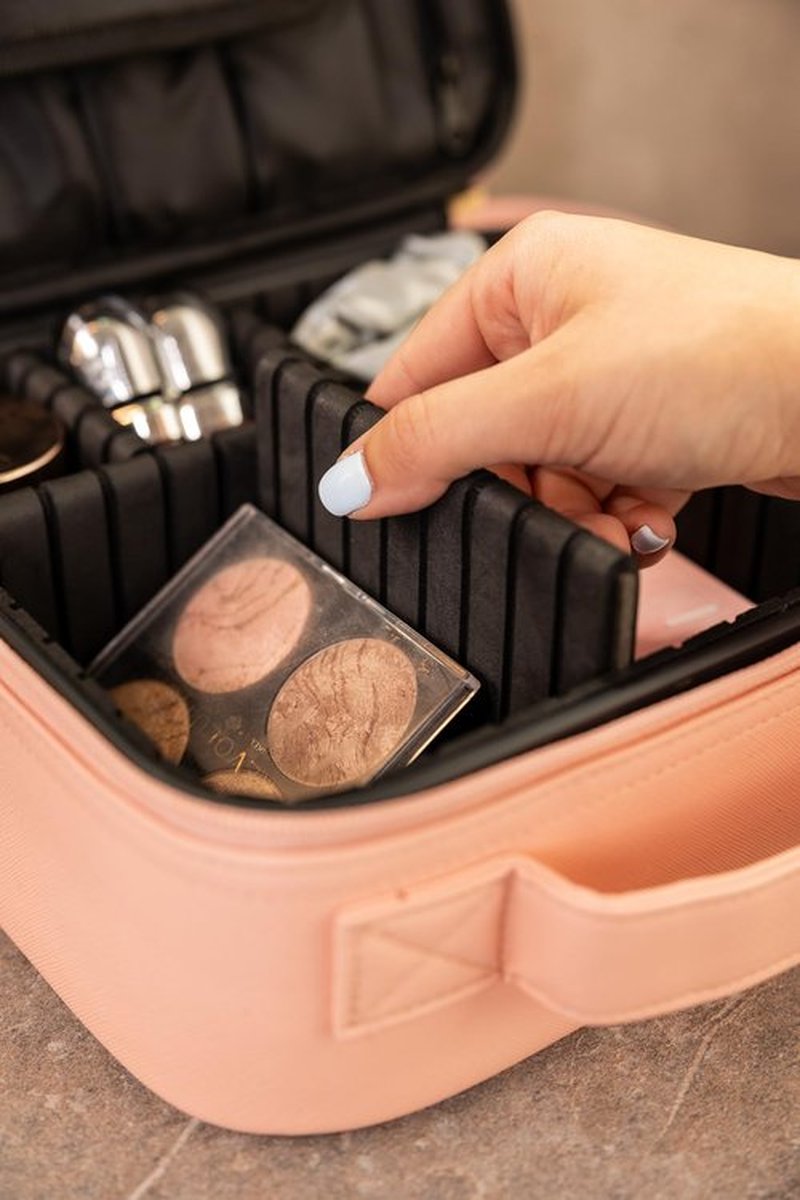 (Not Made In China) Travel Makeup Train Case, Make Up Box, Cosmetic Storage Organizer For Professional Beauty Artist W/Adjustable Dividers For Jewelry, Nail Polish and Brushes (Pink, Small)