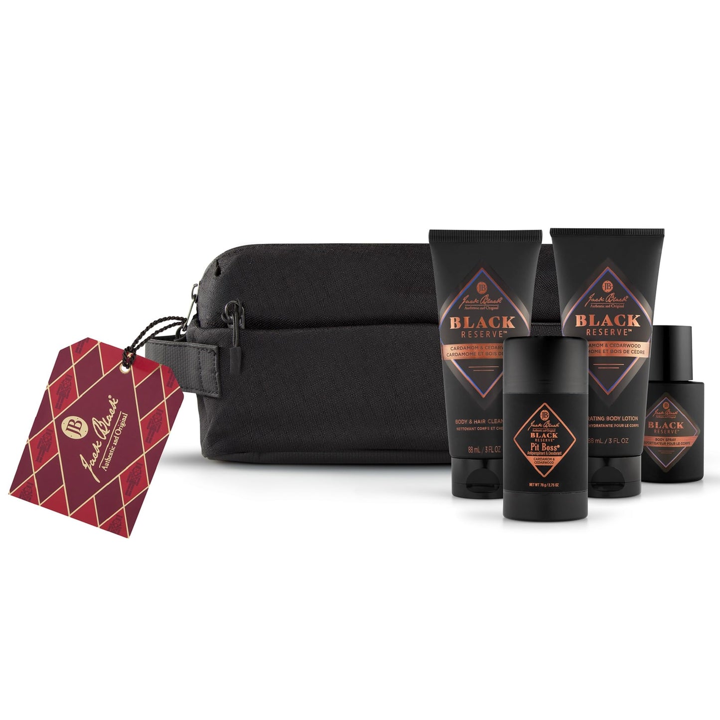 Jack Black Holiday - Black Tie Best Gift Set for Men – Multi-Purpose Mens Body Wash, Pit Boss Men's Deodorant, Body Lotion, and Body Spray Grooming Kit