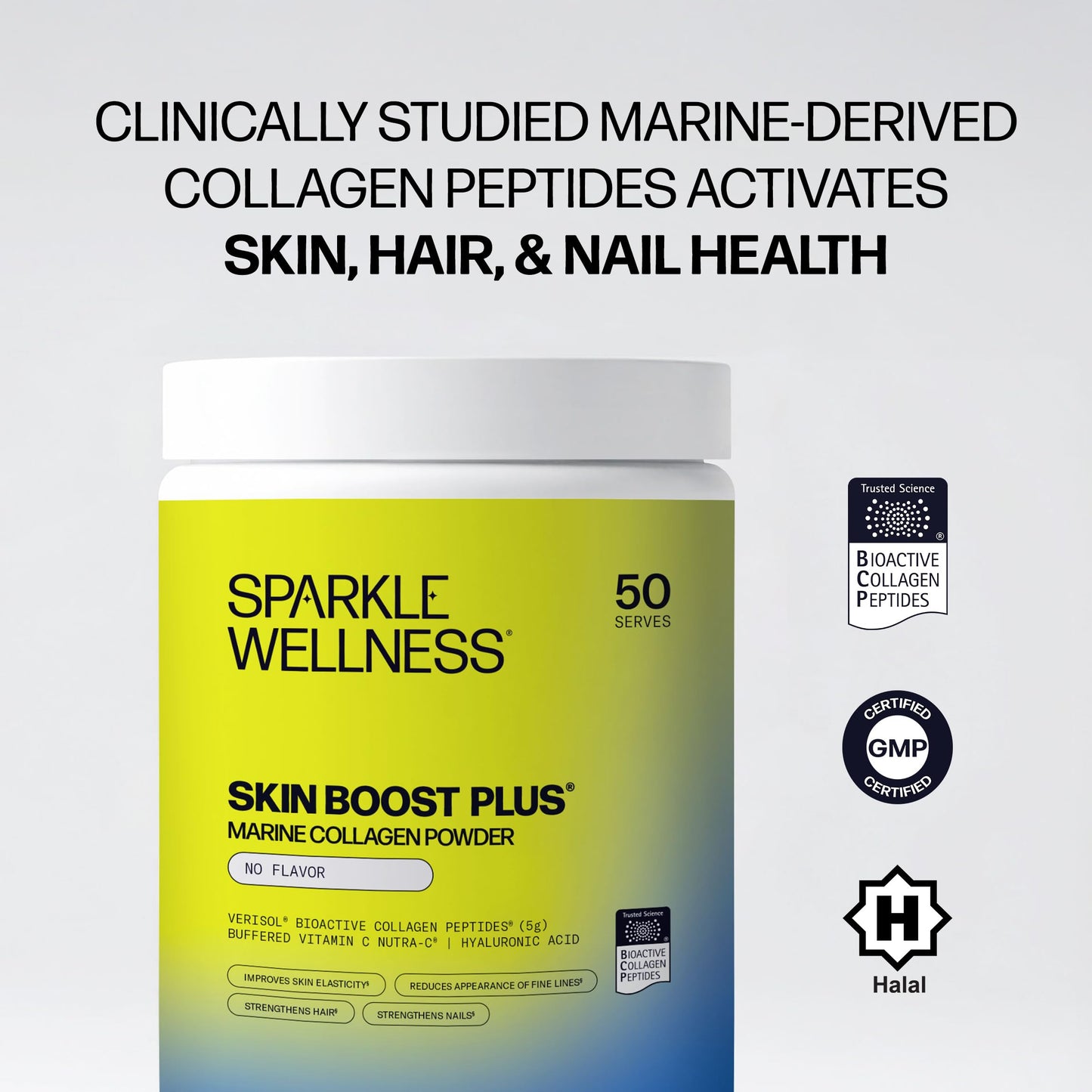 Sparkle Wellness Marine Skin Boost Plus (No Flavor) [50-Serves] | Collagen Powder Supplement with Marine-derived VERISOL Bioactive Hydrolyzed Collagen Peptides, Vitamin C & Hyaluronic Acid