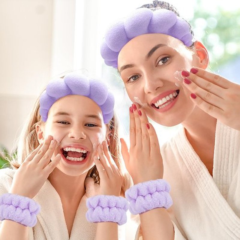 Zkptops Spa Headband for Washing Face Wristband Set Sponge Makeup Skincare Headband Terry Cloth Bubble Soft Get Ready Hairband Women Girl Puffy Padded Headwear Non Slip Thick Hair Accessory(Purple)