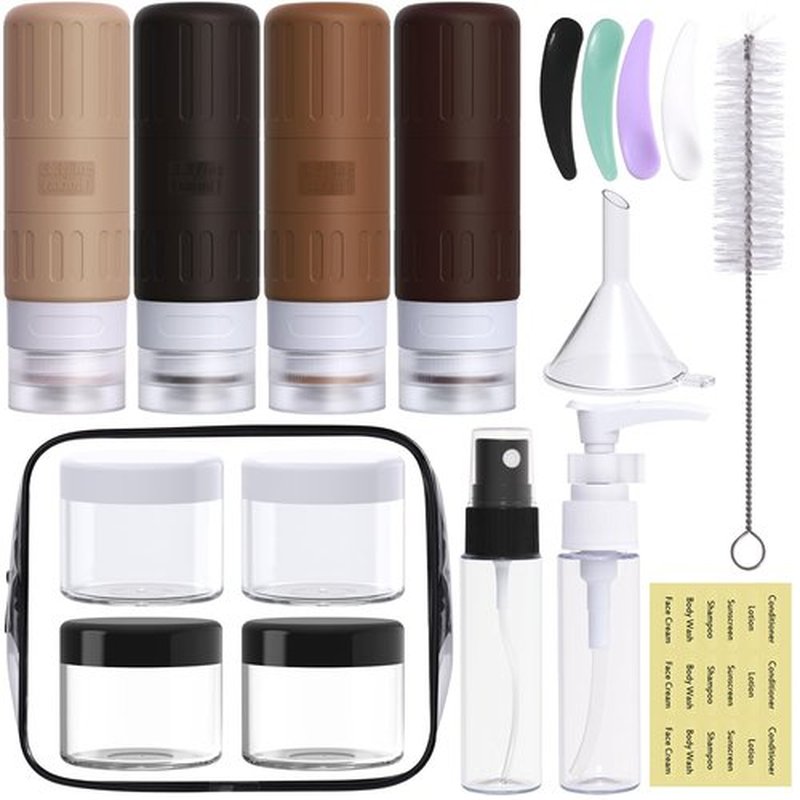 GLAMFIELDS Travel Bottles for Toiletries,TSA Approved 3.3oz Size LeakProof Silicone Toiletry Containers for Shampoo, Conditioner,Easy to Squeeze，Portable Travel Essentials for Lotion(18 Pack) Coffee