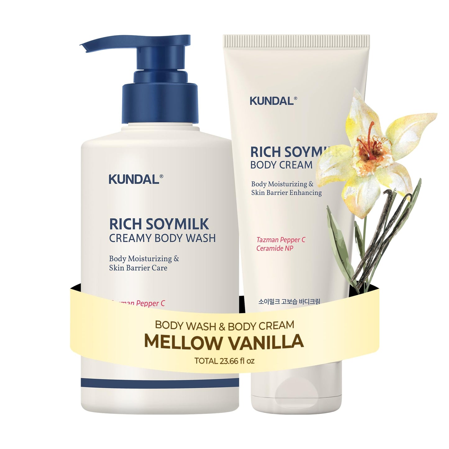 KUNDAL Soymilk Body Wash And Body Cream Set, Mellow Vanilla Scent, Moisturizing Body Care With Ceramides Hydrating Skincare Duo For Dry Skin, 16.9 Fl Oz each
