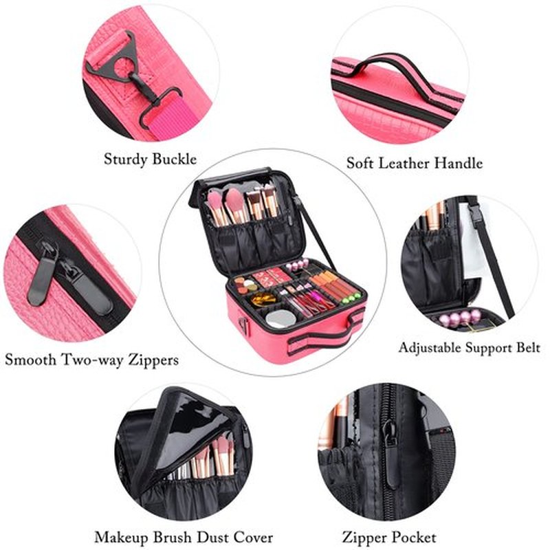 JOURMON Travel Makeup Bag Train Case Cosmetic Case Organizer Portable Artist Storage Bag with Adjustable Dividers for Cosmetics Makeup Brushes Toiletry Jewelry Digital Accessories(Hot Rose,S)
