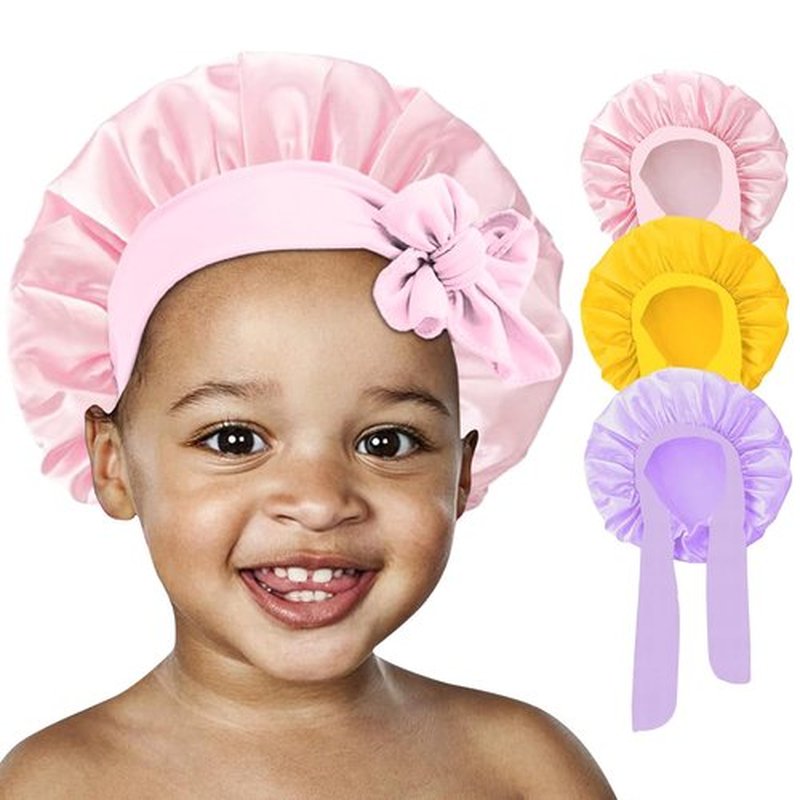 3 Pcs Kids Silk Bonnet for Sleeping - Baby Hair Bonnet for Sleeping,Kids Satin Bonnets for Girls with Adjustable Wide Elastic Band,Sleeping Cap for Teens Toddler Child Curly Hair(Pink+Purple+Yellow)