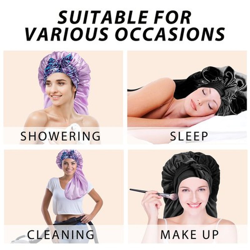 2Pack Bonnets for Black Women Braid Bonnet, Large Long Bonnet Satin Bonnet for Braids,Black Women Silk Bonnet with Stretchy Tie Band Braid Bonnet for Sleeping Extra Long (Black&Light Purple Pattern