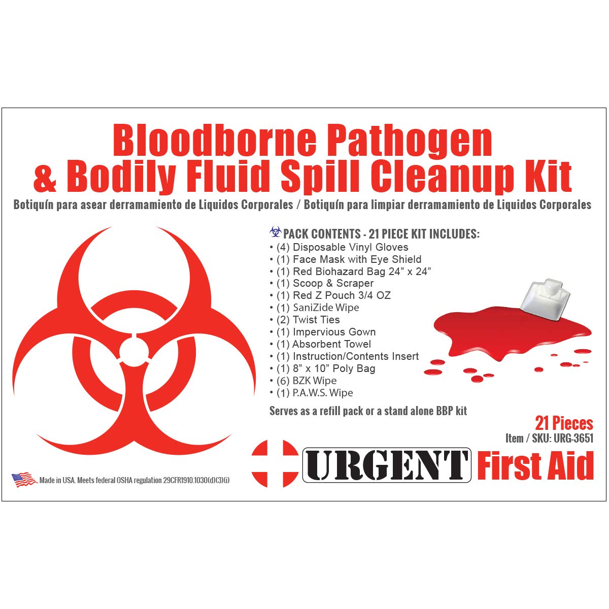 22 Piece Bodily Fluid Cleanup Pack/Bloodborne Pathogen Kit - OSHA Compliant