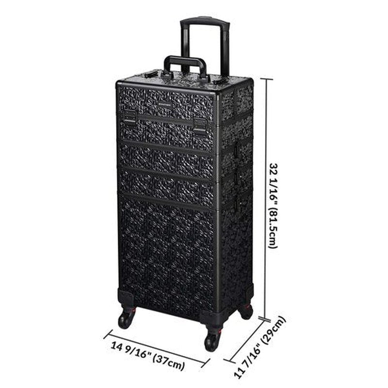 BYOOTIQUE Rolling Makeup Train Case 4in1 Cosmetic Trolley Organizer Travel Case Lockable Salon Barber Case Traveling Cart Trunk with Wheels for Makeup Artist Trave Nail, Mermaid Black