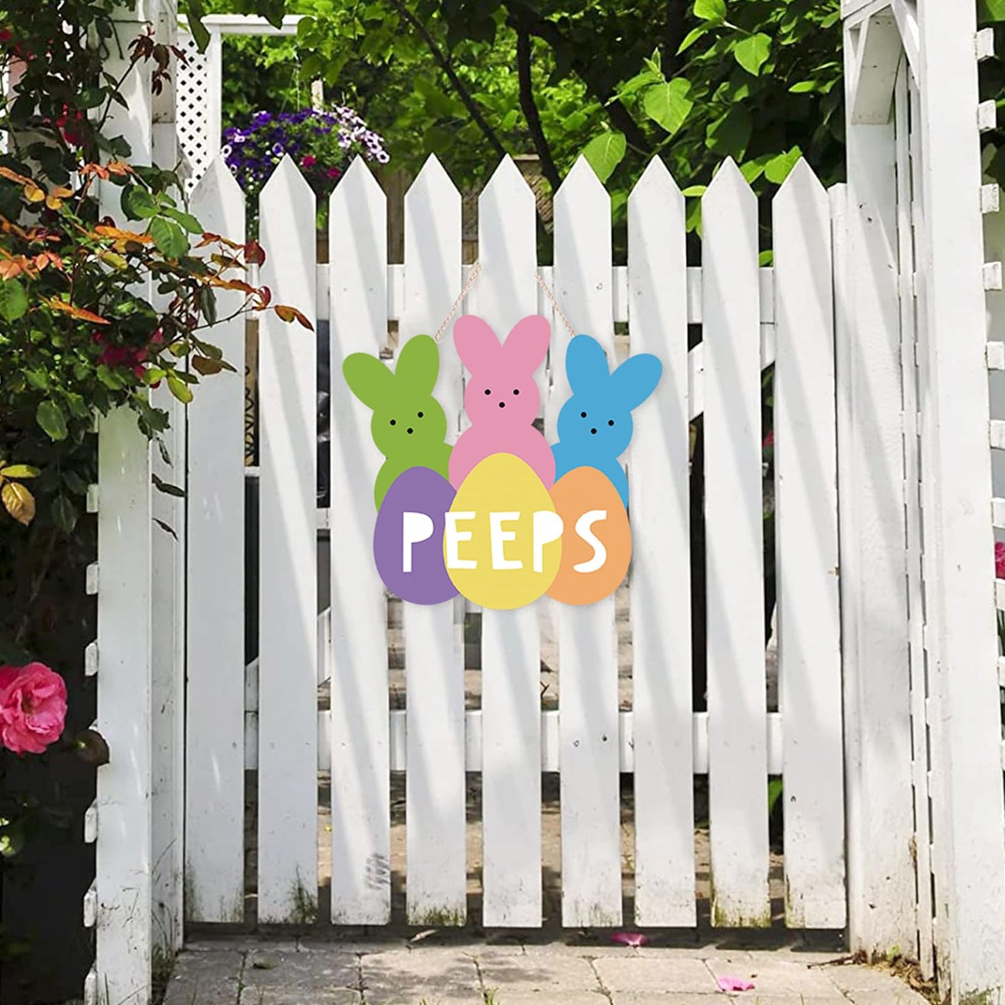 Easter Wreath Hanging Sign, Welcome Peeps Easter Door Decorations Cute Bunny Wood Hanger Wall Decor Home Window Farmhouse Door Sign Front Door