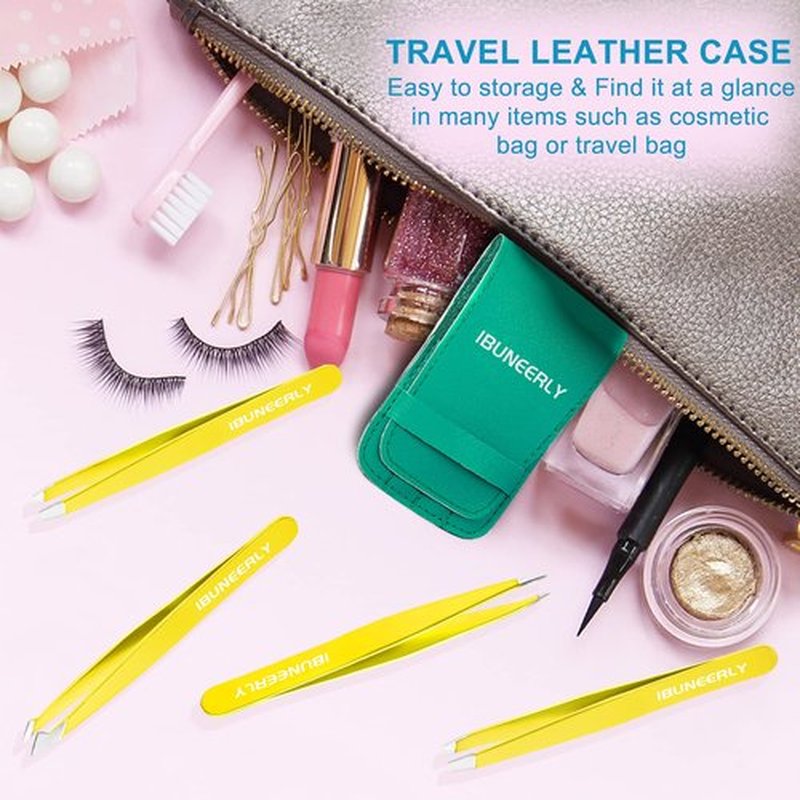iBuneerly Tweezers Set, 4Pcs Tweezers for Women with Travel Case, Professional Stainless Steel Eyebrows Tweezers, Great Precision Tweezers for Ingrown Hair, Facial Hair, Splinter Removal (Yellow)
