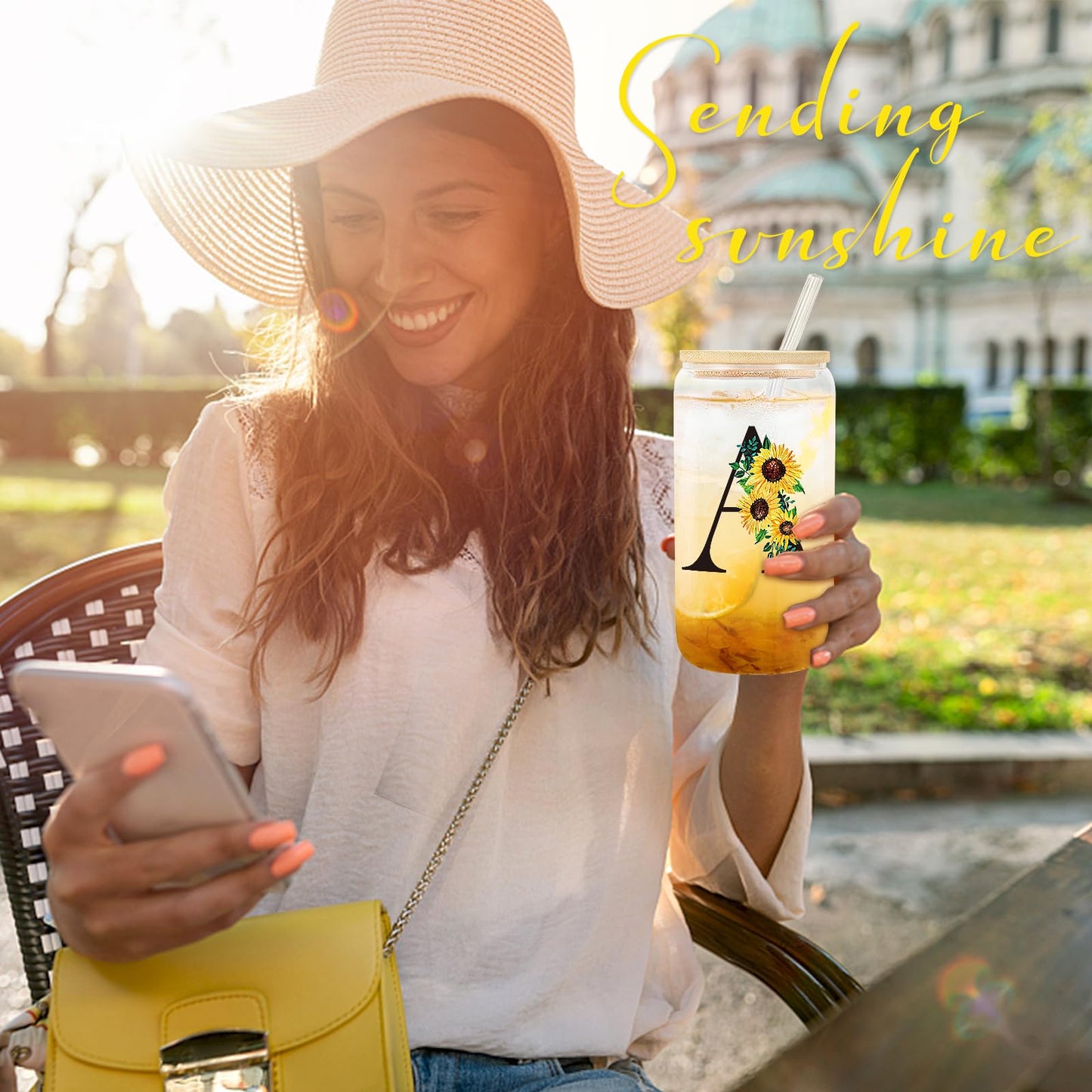 Frerdui Birthday Gifts for Women, Initial Glass Cups w Lids and Straws, Sunflower Gifts for Women, Personalized Gift, 16oz Glass Tumbler Cups W/Straw Lid, Monogrammed Mothers Day Gift for Her Mom - A