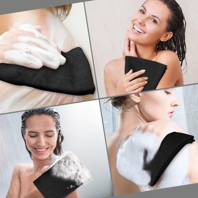 Tatuo 4 Pieces Korean Washcloth Exfoliating Long Korean Exfoliating Cloth Exfoliating Back Scrubber for Body Men Women Korean Bath Towel Japanese Exfoliating Washcloth Dead Skin Remover (Black)
