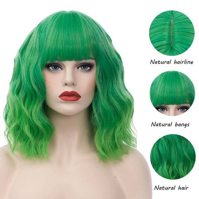 WGPFWIG Women's Bright Green Ombre Wig Short Curly Wavy Wig Shoulder Length Flat Bangs Wig For Women Girl Cosplay Party Halloween Wig Cap Included (Bright Green Ombre)