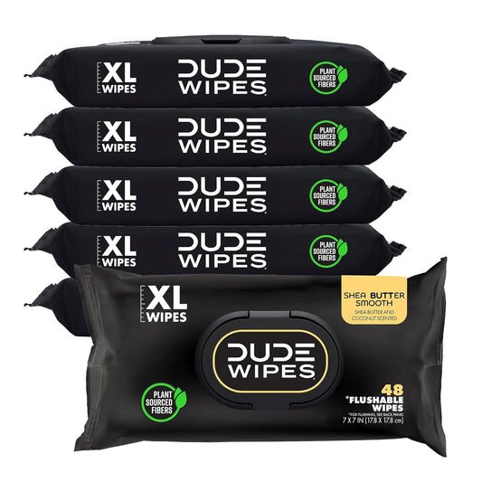 Dude Wipes Extra-Large Flushable Wipes | Shea Butter, Coconut Oil & Aloe - 6 Pack (288 Count)