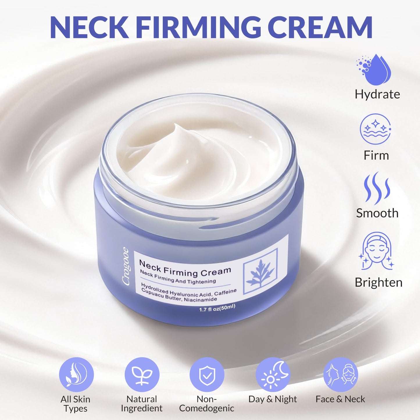 Crogooe Neck Firming Cream - Neck Creams for Tightening and Firming, Tightening and Lifting Wrinkles & Crepey Skin for Neck & Décolleté-1.7 fl.oz