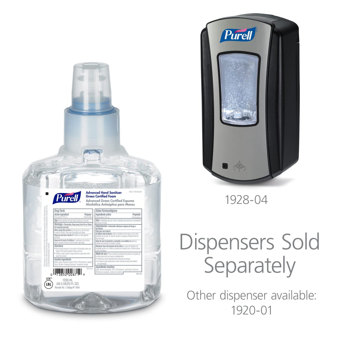 PURELL LTX-12 Advanced Green Certified Hand Sanitizer Foam, Fragrance Free, 1200 mL EcoLogo Certified Sanitizer Refill for PURELL LTX-12 Touch-Free Dispenser (Pack of 2) - 1904-02