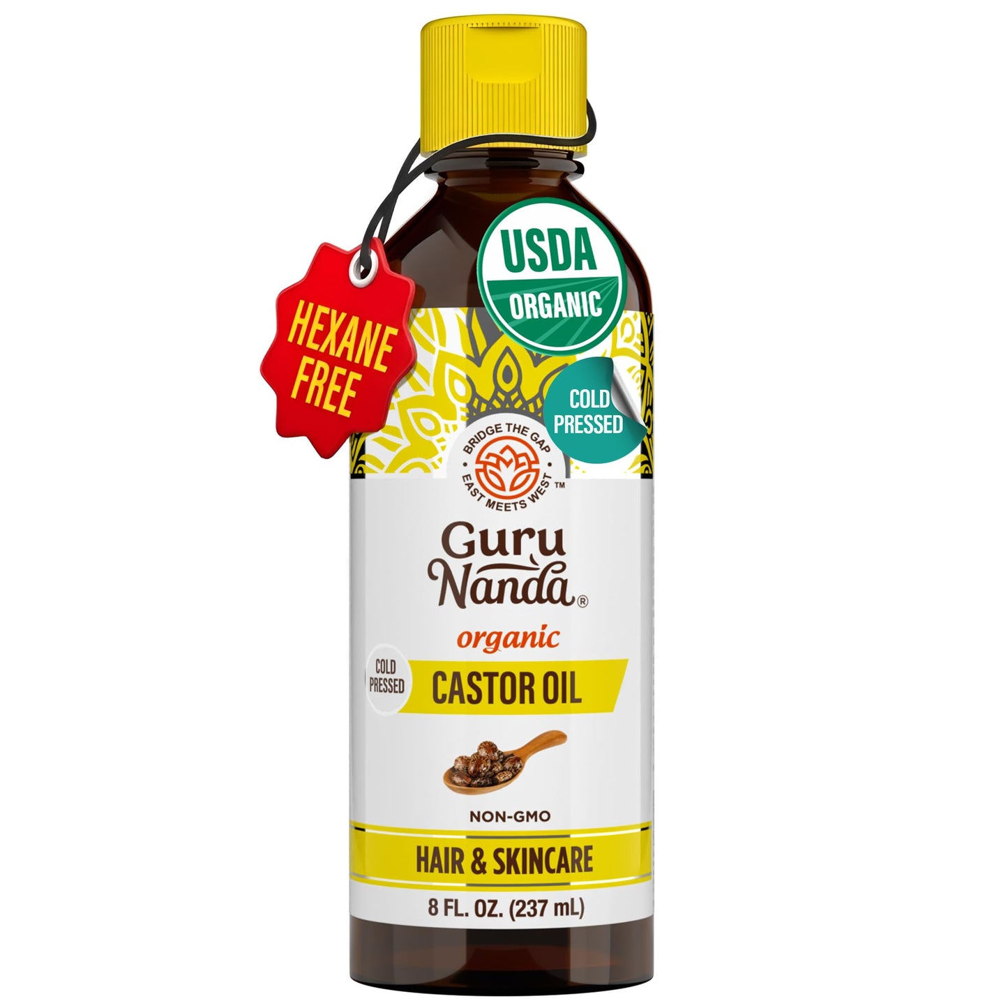 GuruNanda Castor Oil Organic USDA Certified (8 Fl oz) - 100% Pure & Natural, Cold Pressed & Hexane-Free, Hydrating Carrier Oil for Skin, Hair, Eyebrows & Eyelashes Growth