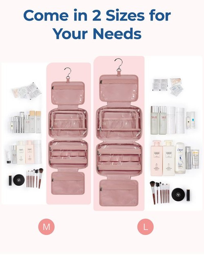 BAGSMART Travel Toiletry Bag with Jewelry Organizer, Hanging Travel Bag for Toiletries, Puffy Makeup Cosmetic Bag Organizer, Carry-on Travel Accessories Essentials, Dark Pink-M