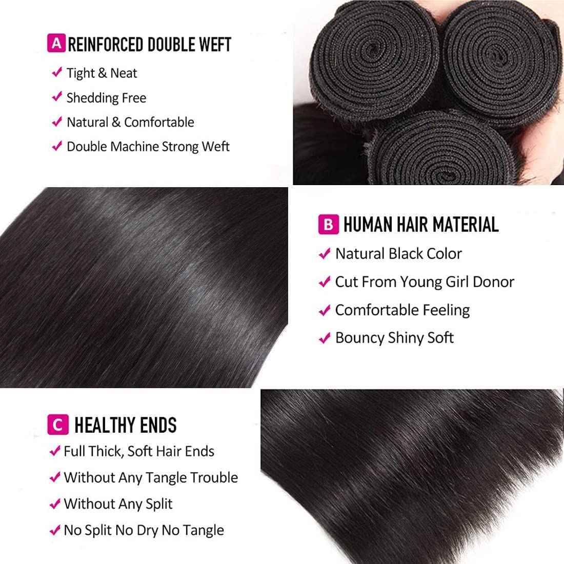 Straight Human Hair Bundles 20 20 20 Inch Brazilian Straight Hair Bundles 100% Unprocessed Virgin Hair Weave Bundles Human Hair Extension for Women Natural Color