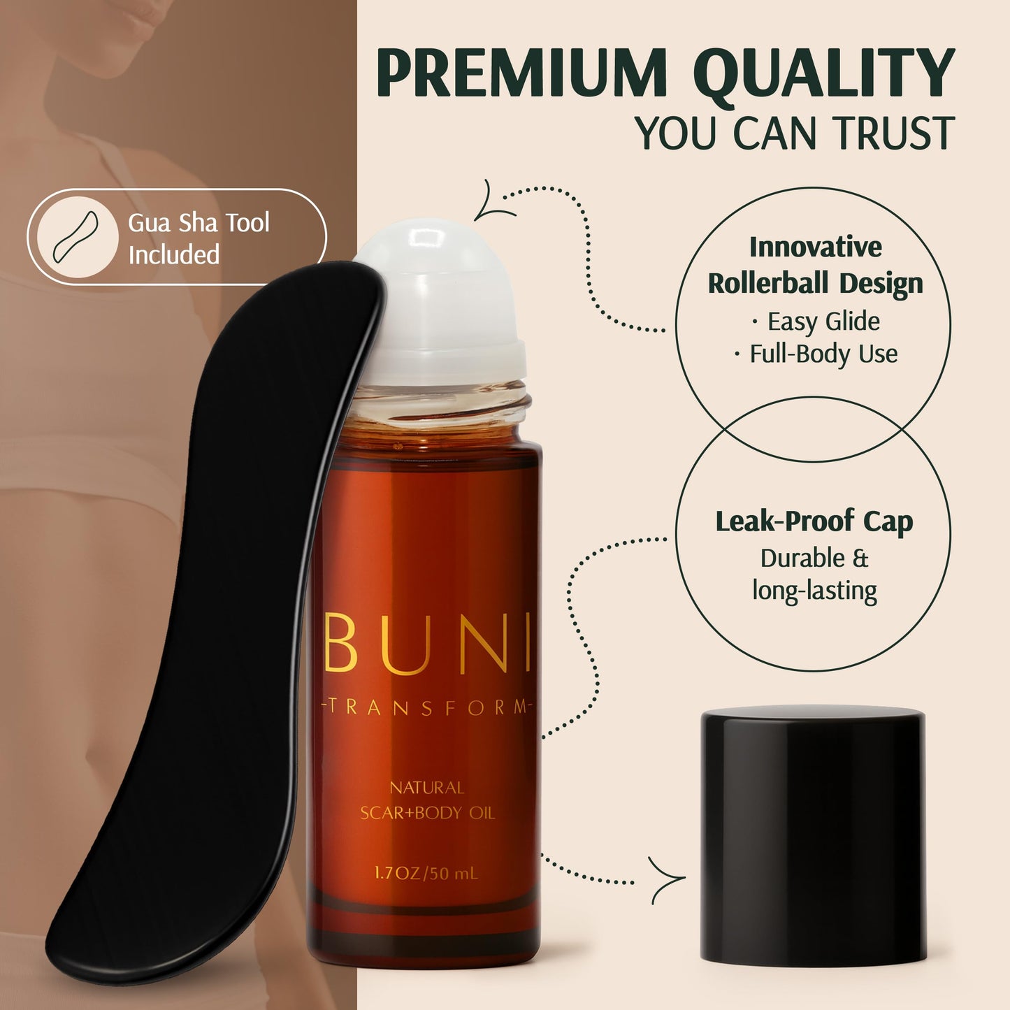 BUNI Scar & Stretch Mark Oil with Onyx Gua Sha Tool, 1.7 oz (50 ml)